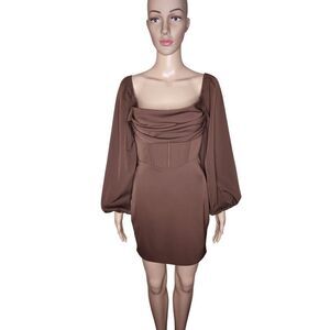 Princess Polly Lillie women's brown long sleeve mini draped dress Sz 2